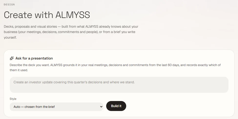 The ALMYSS Design screen in the Executive Light theme, with a box to ask for a presentation grounded in the last 60 days of meetings, decisions and commitments.