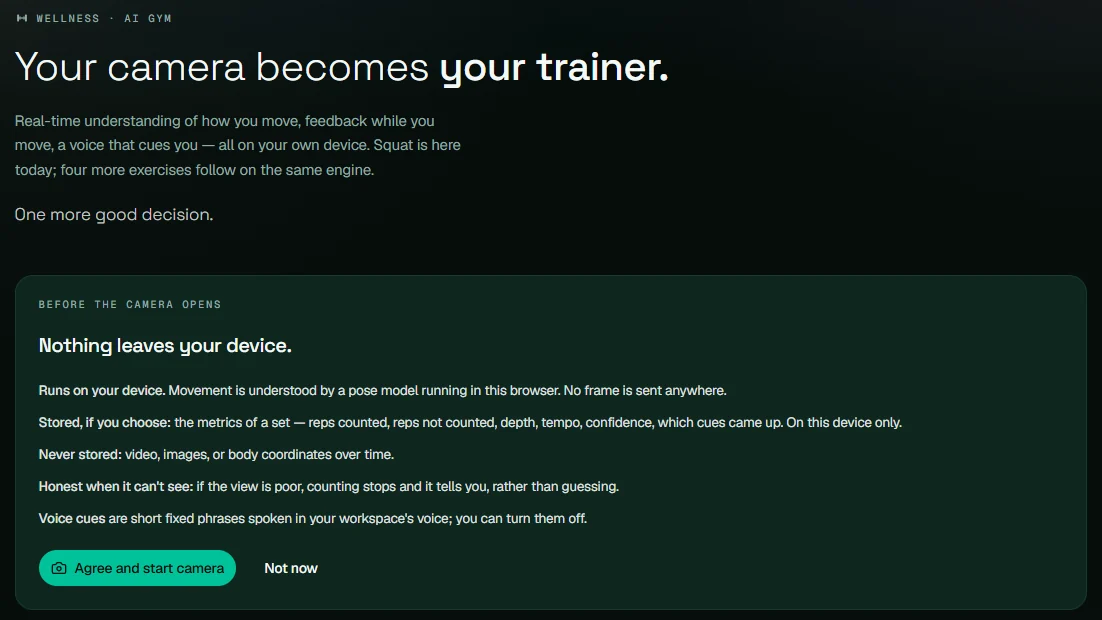 The AI Gym consent card: nothing leaves your device.