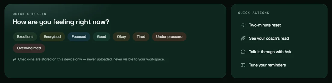 The ALMYSS Wellness quick check-in and quick actions. Check-ins are stored on this device only.